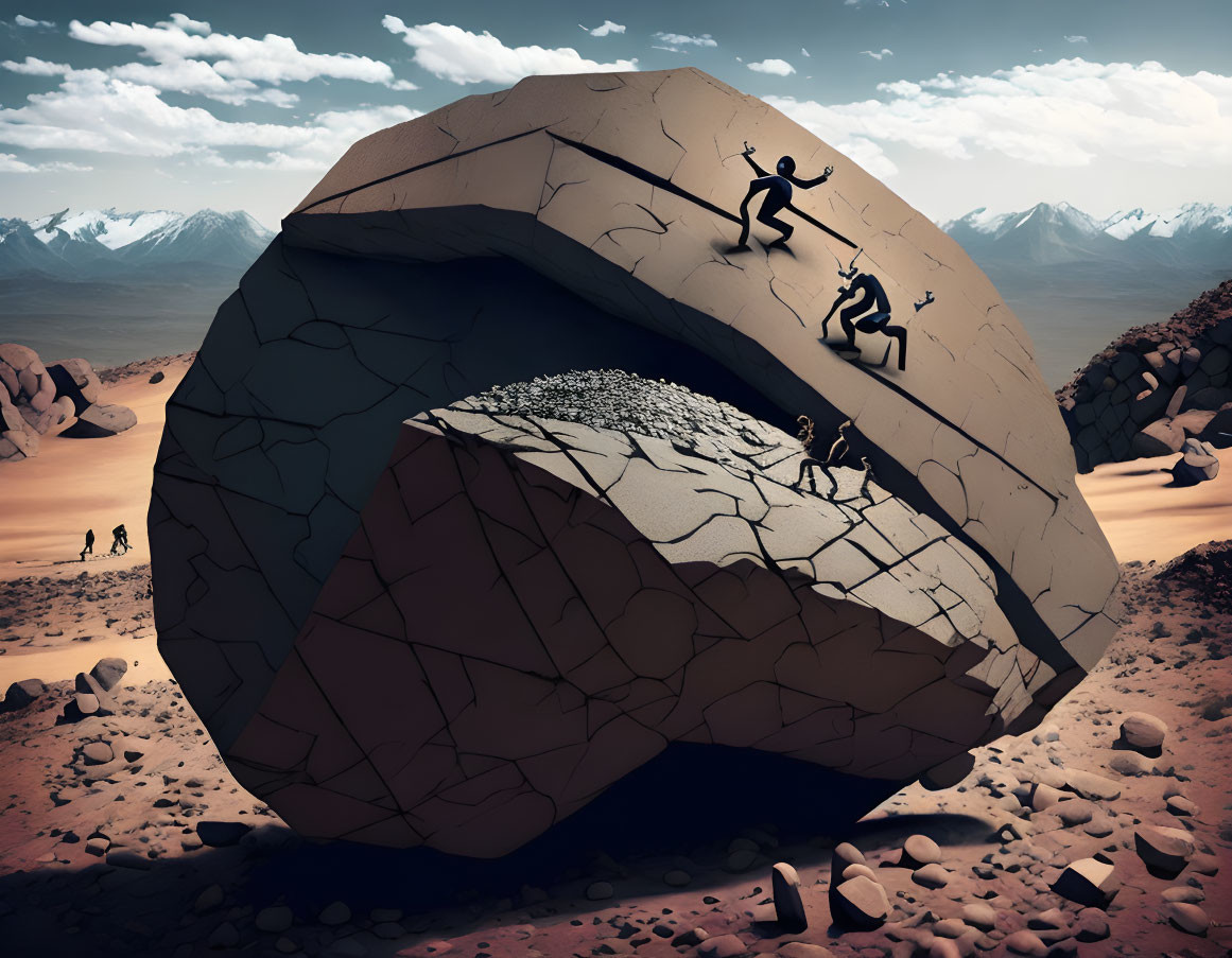 People climbing and interacting with floating rock in surreal desert landscape