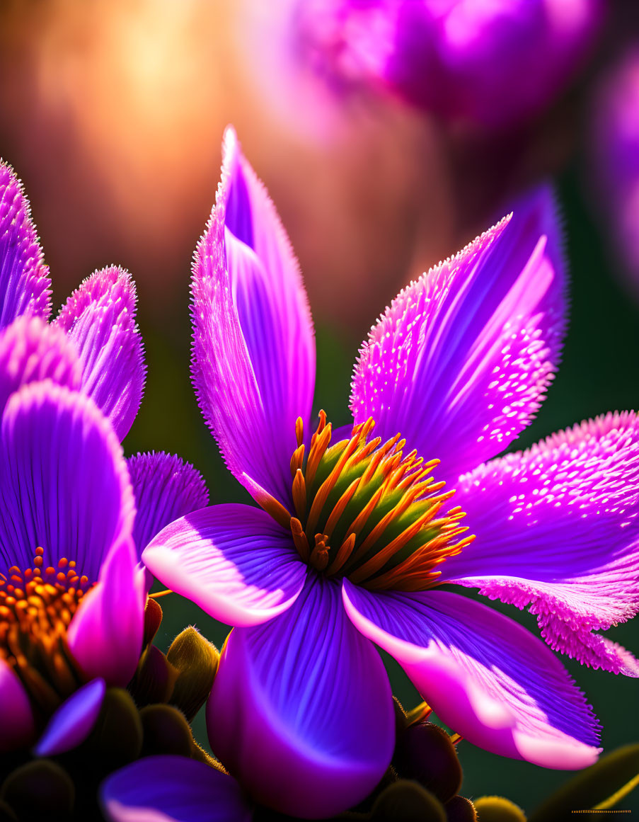 Vibrant Purple Flowers with Yellow Stamens in Soft Sunlight