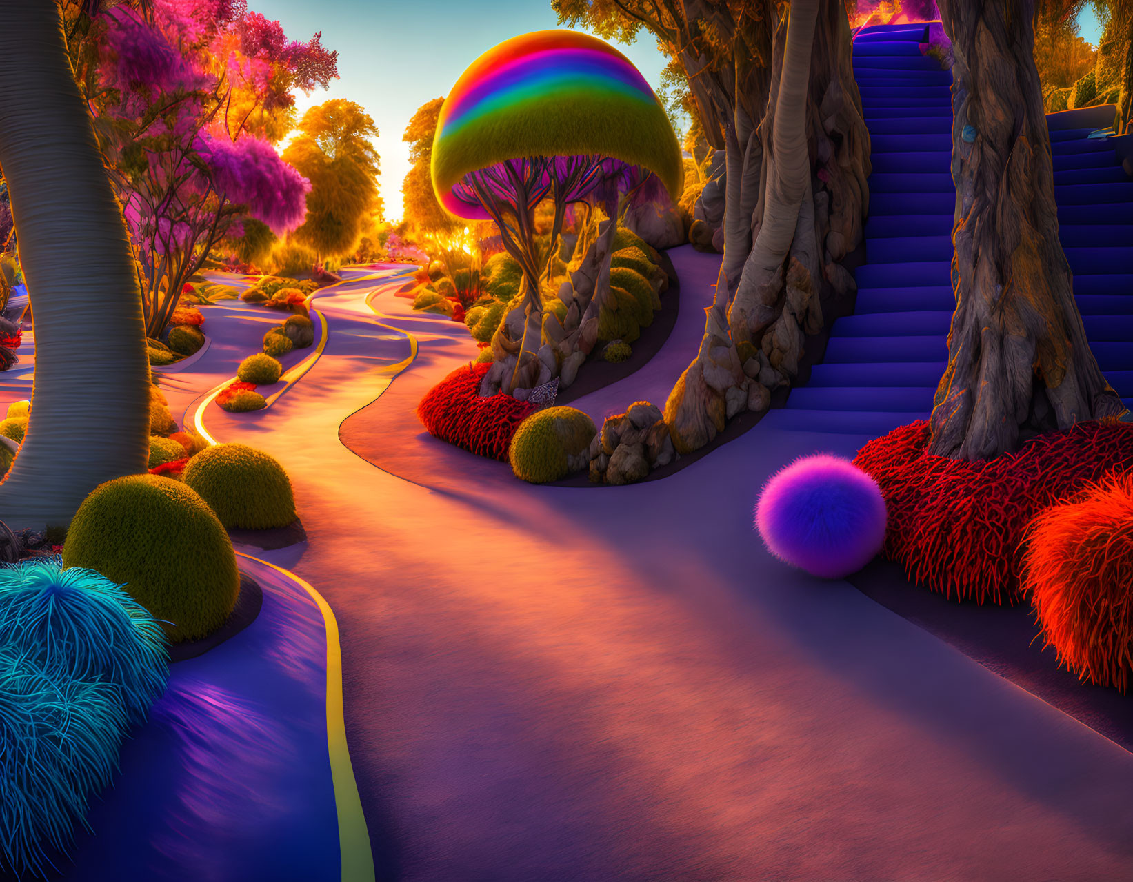 Fantasy landscape with colorful flora, whimsical trees, and rainbow structure