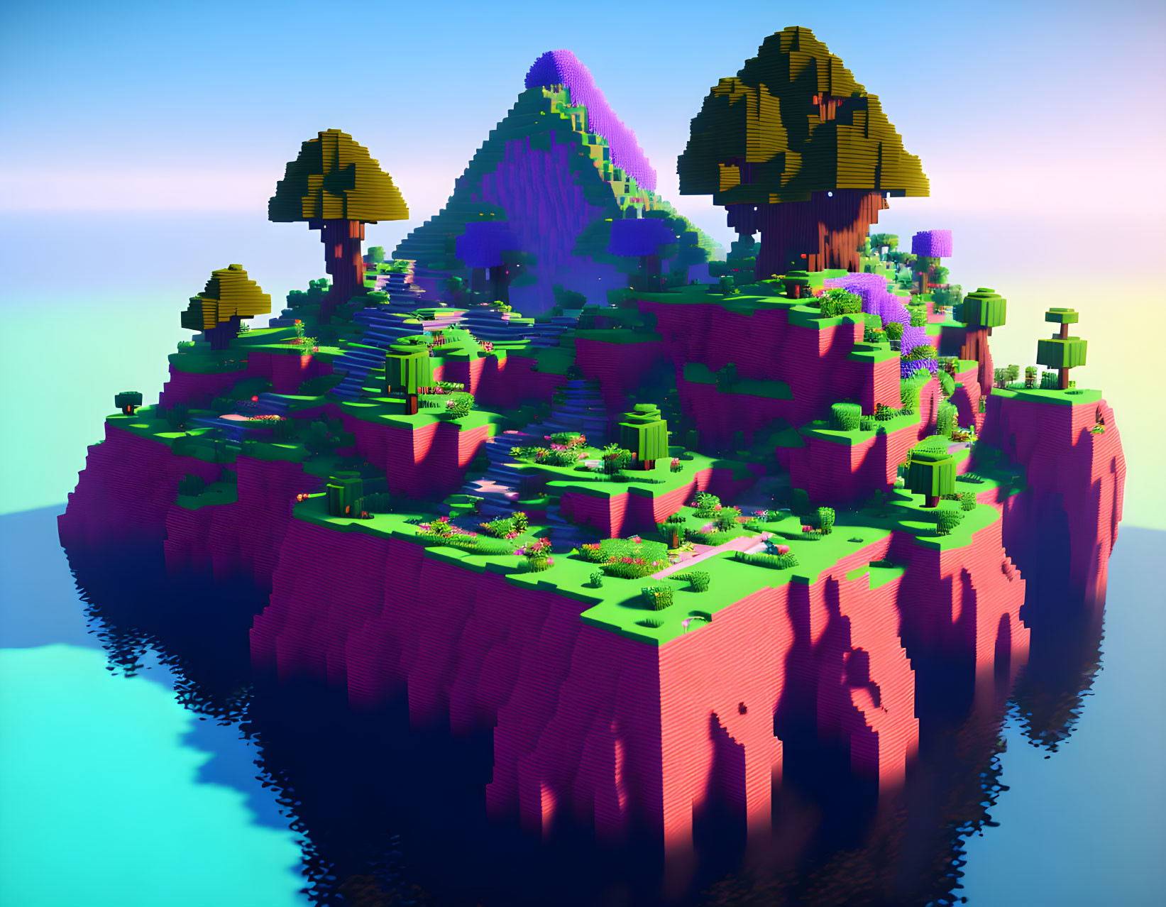 Colorful voxel island: purple terrain, green trees, pastel sky