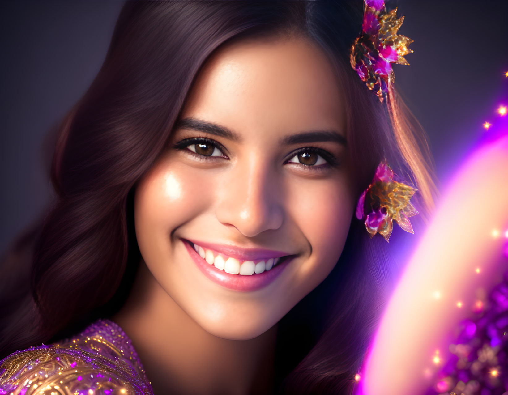 Radiant woman with warm smile and golden accessories in soft purple light