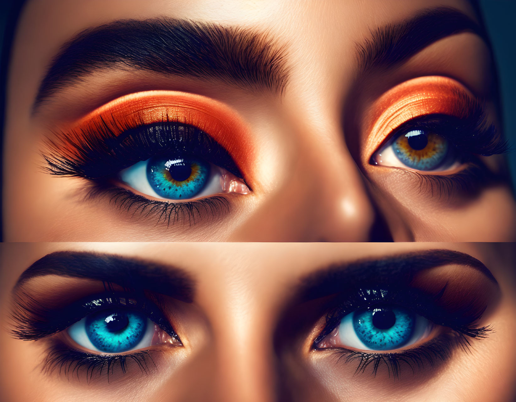 Close-up: Vibrant blue irises, bold eyeliner, orange eyeshadow