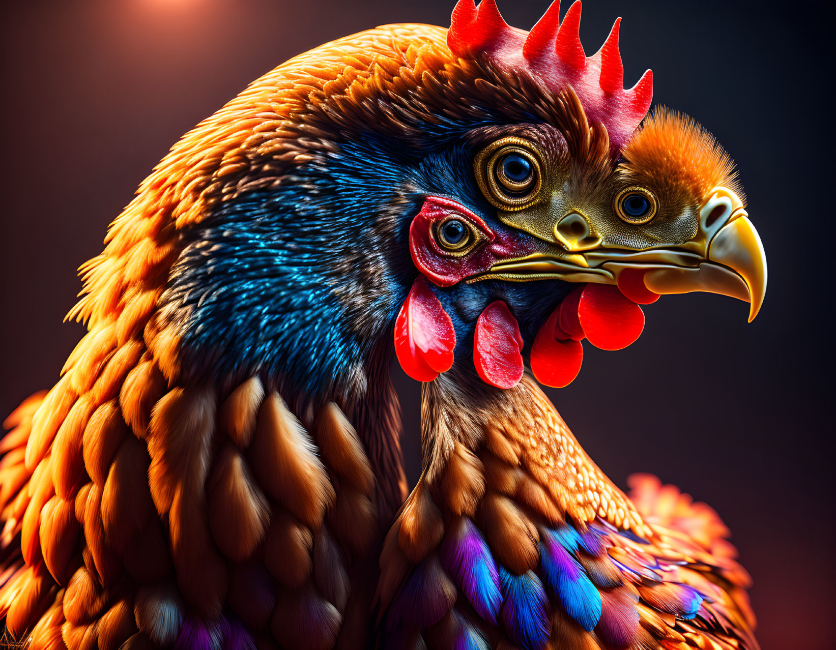 Detailed Close-Up of Vibrant Chicken Plumage and Features