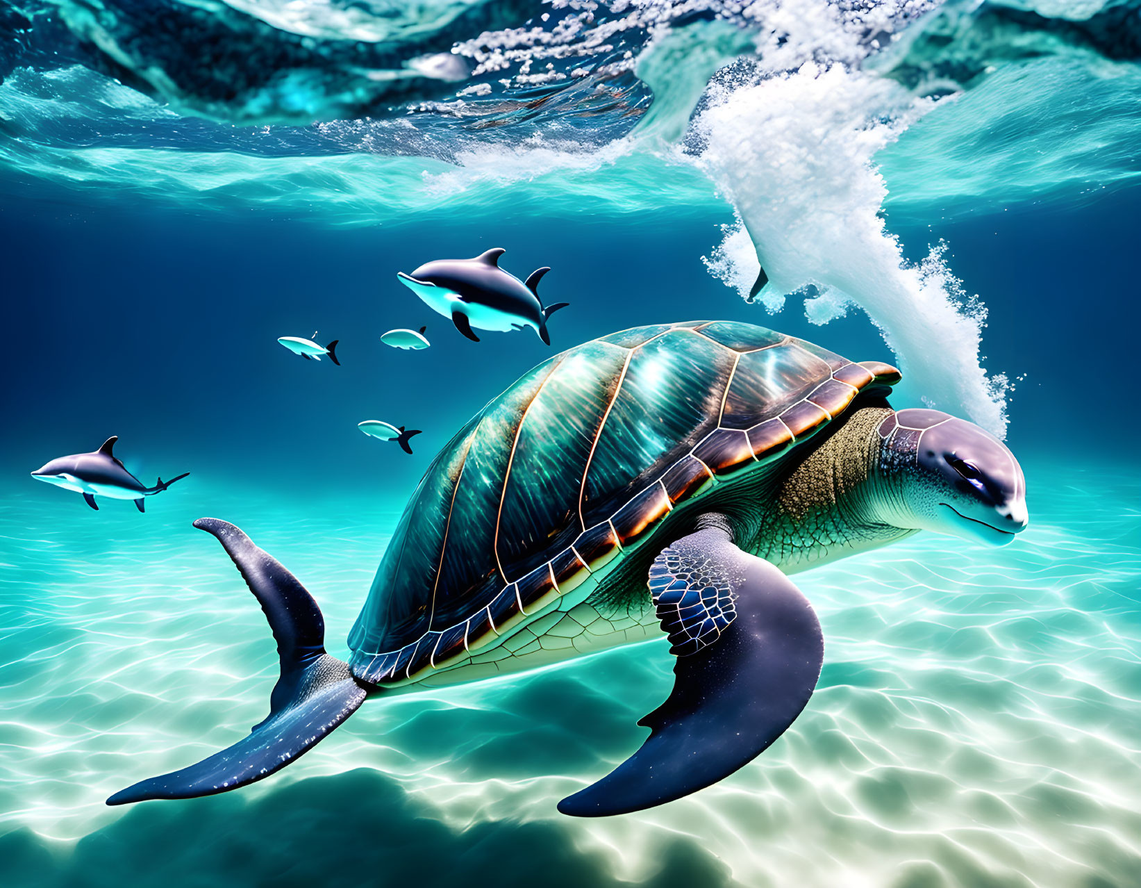 Colorful Underwater Scene with Sea Turtle, Fish, and Dolphins