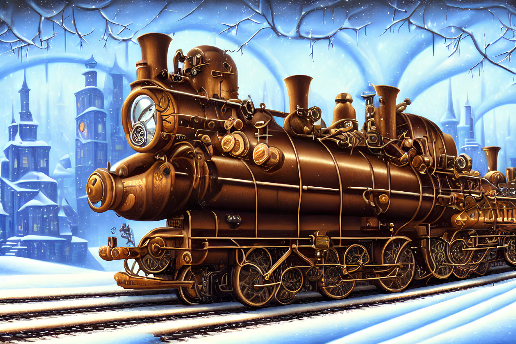 Steampunk train on snowy tracks with golden hues and icy blue buildings