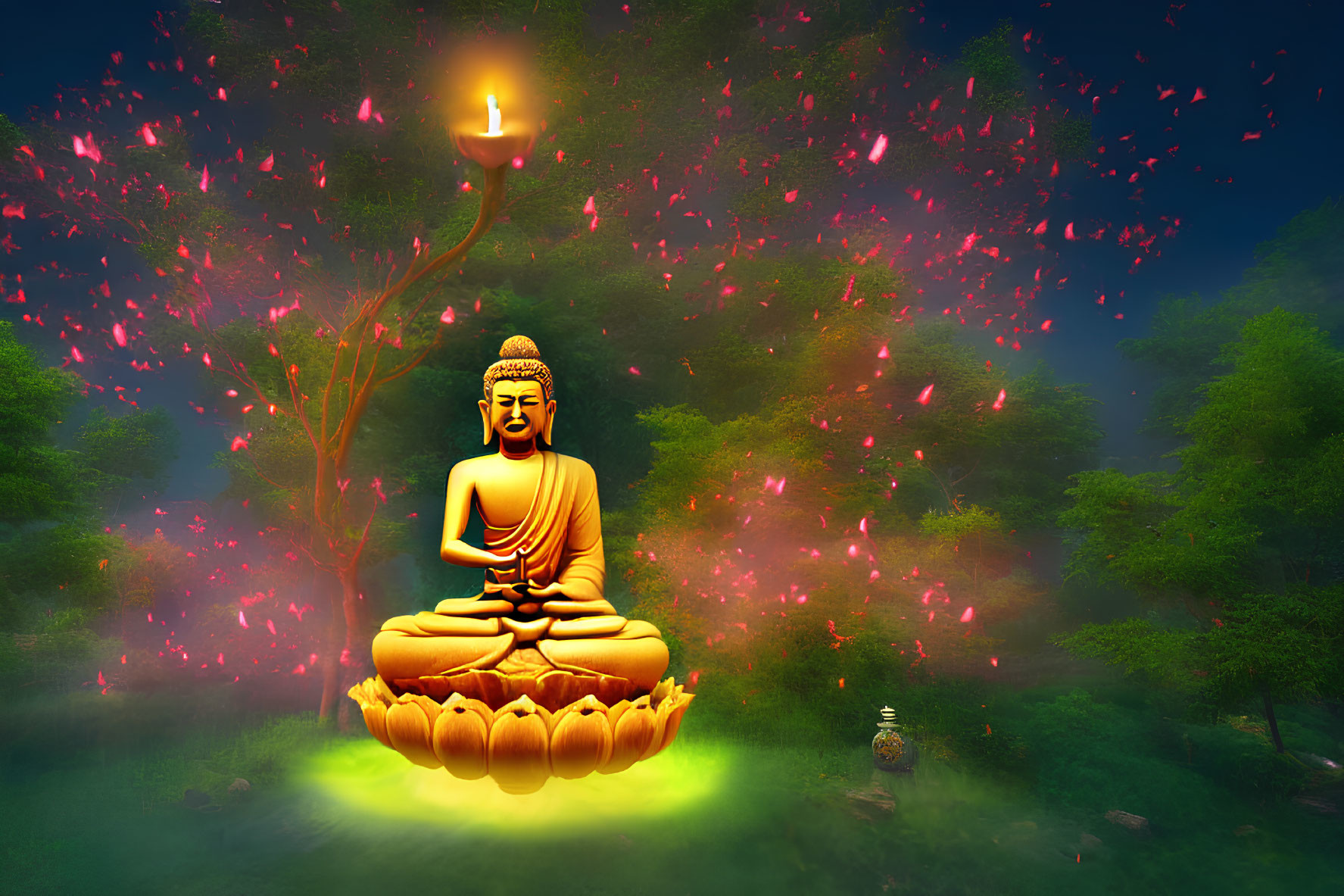 Golden Buddha Statue Seated on Lotus with Flaming Heart in Mystical Forest