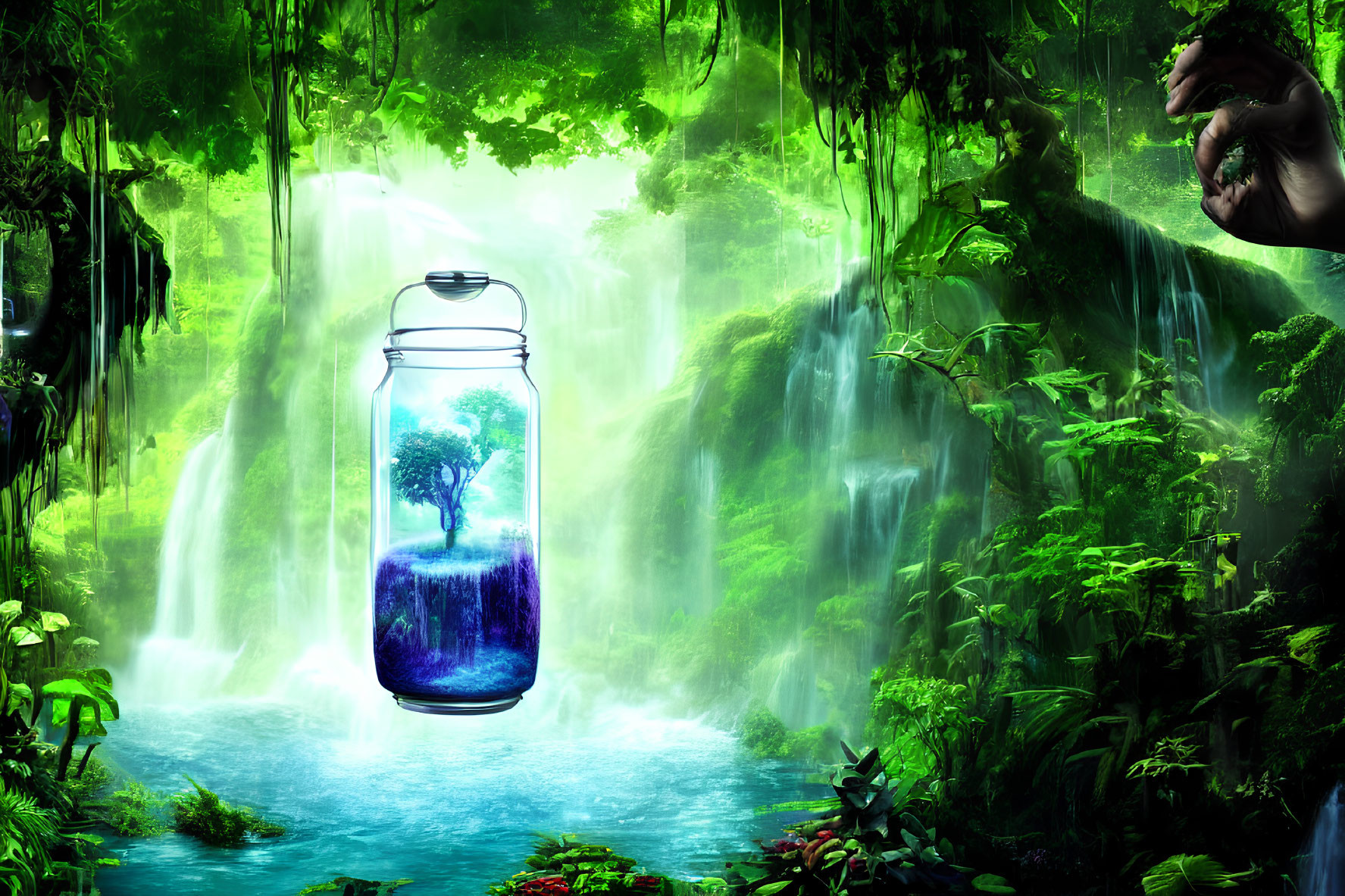 Surreal image: tree in jar, vibrant background, mysterious hand