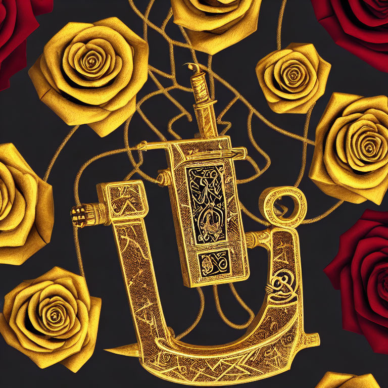 Luxurious golden anchor and sword with roses on dark background.