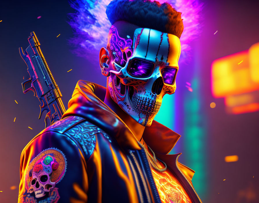 Stylized character with skull face paint and sci-fi weapon in futuristic setting