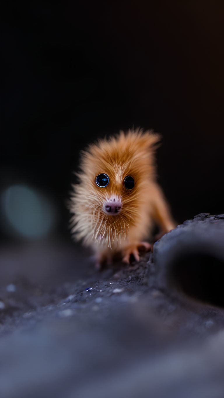 Small Orange Hedgehog with Bright Blue Eyes on Dark Surface