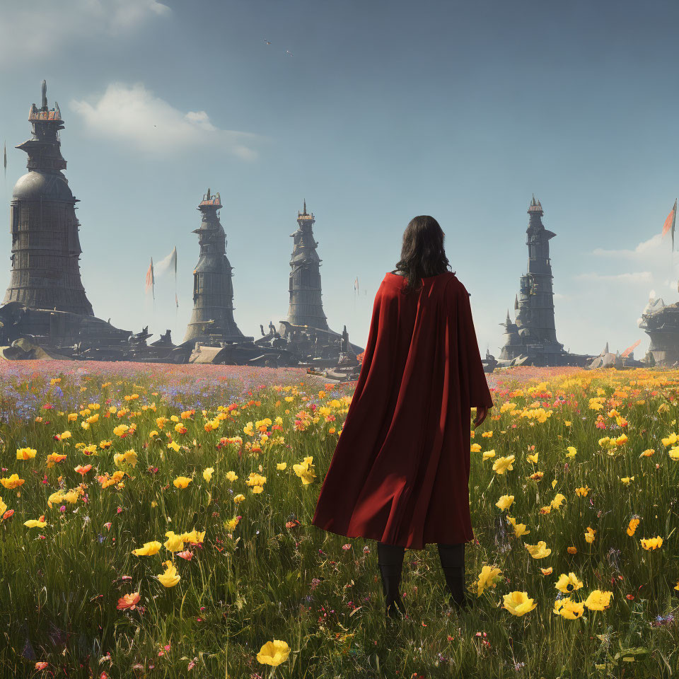 Person in Red Cloak Standing in Field of Flowers with Towering Spires and Blue Sky