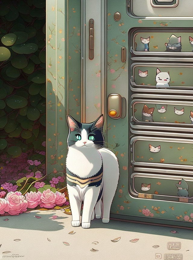 Black and White Cat with Blue Eyes by Open Door and Cat-Themed Decorations