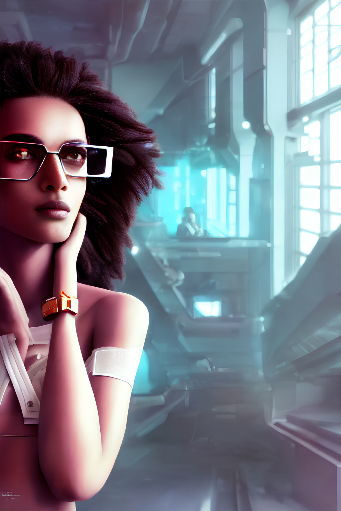 Fashionable woman with voluminous hair and futuristic sunglasses in sci-fi setting