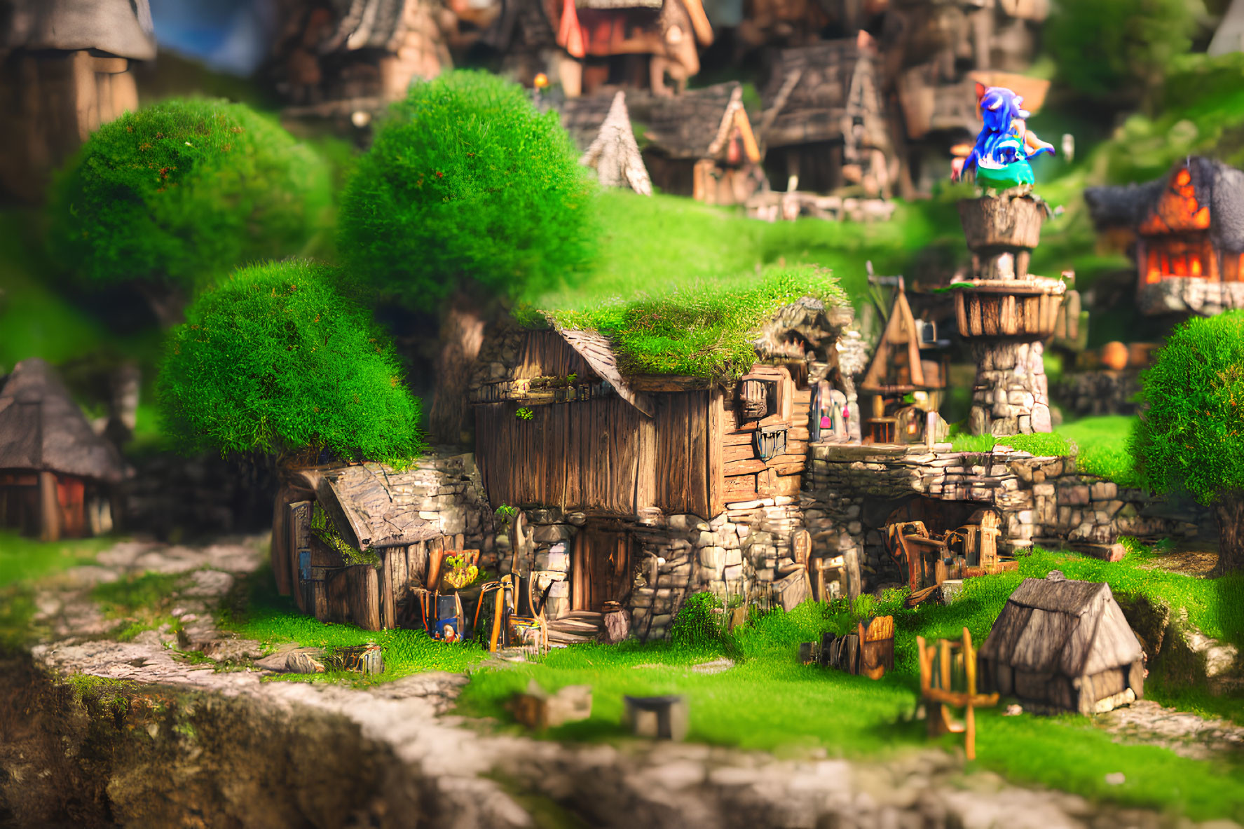 Miniature village with thatched-roof cottages and lush greenery
