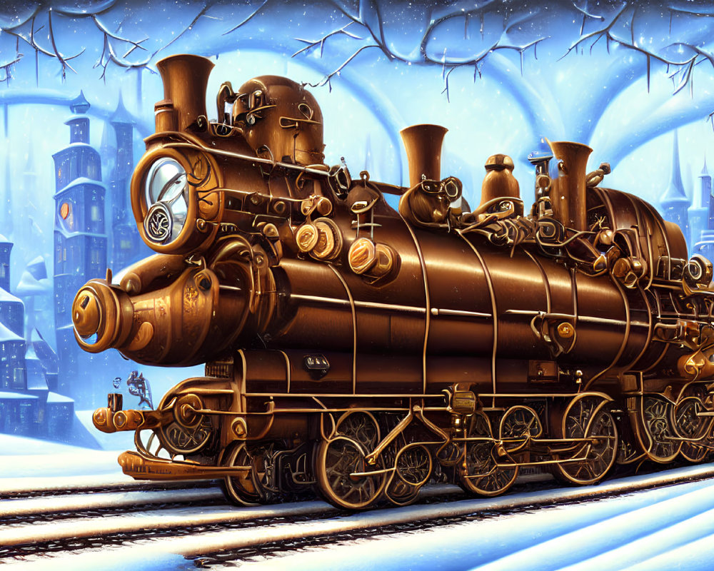 Steampunk train on snowy tracks with golden hues and icy blue buildings