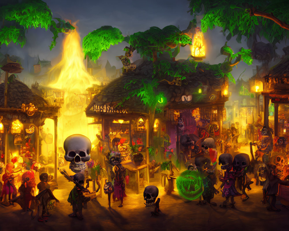 Colorful Night Market Scene with Skeletons Dancing, Lanterns, Skull, and Fire Fountain