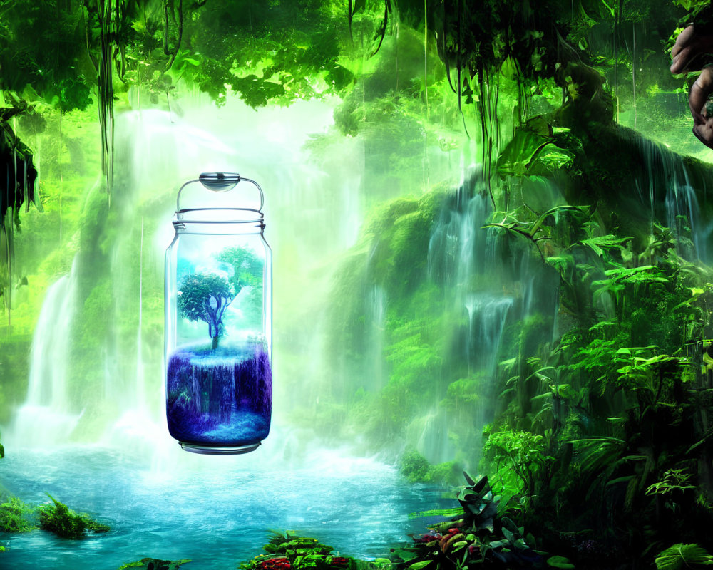 Surreal image: tree in jar, vibrant background, mysterious hand