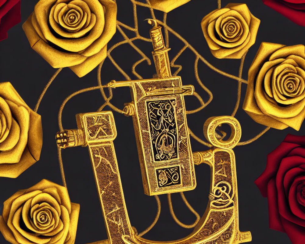 Luxurious golden anchor and sword with roses on dark background.