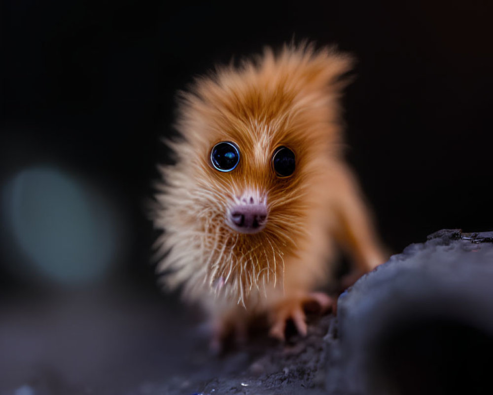 Small Orange Hedgehog with Bright Blue Eyes on Dark Surface