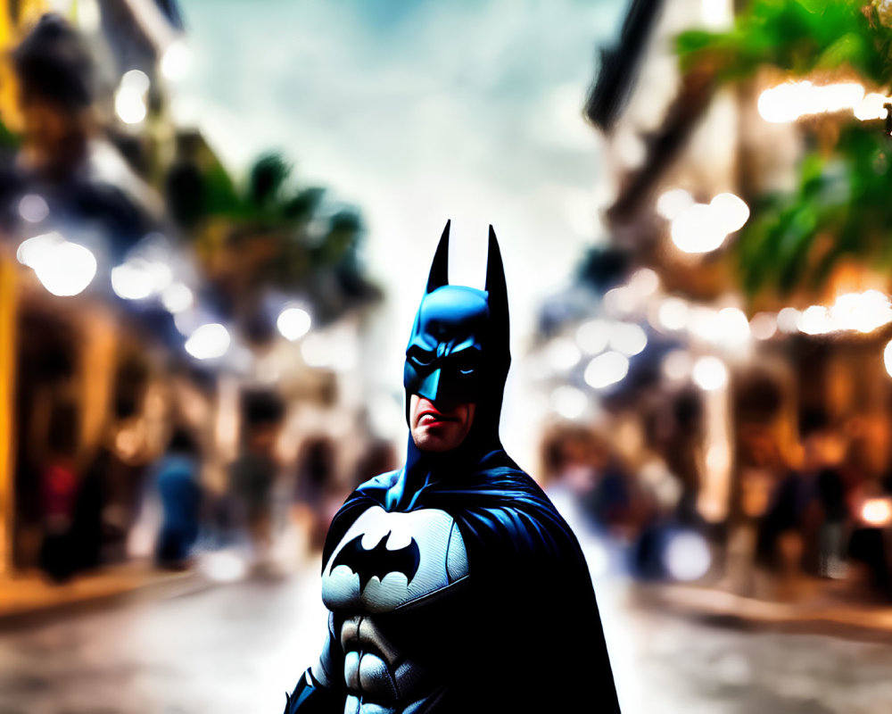 Costumed Batman-like figure in urban streetscape with illuminated trees