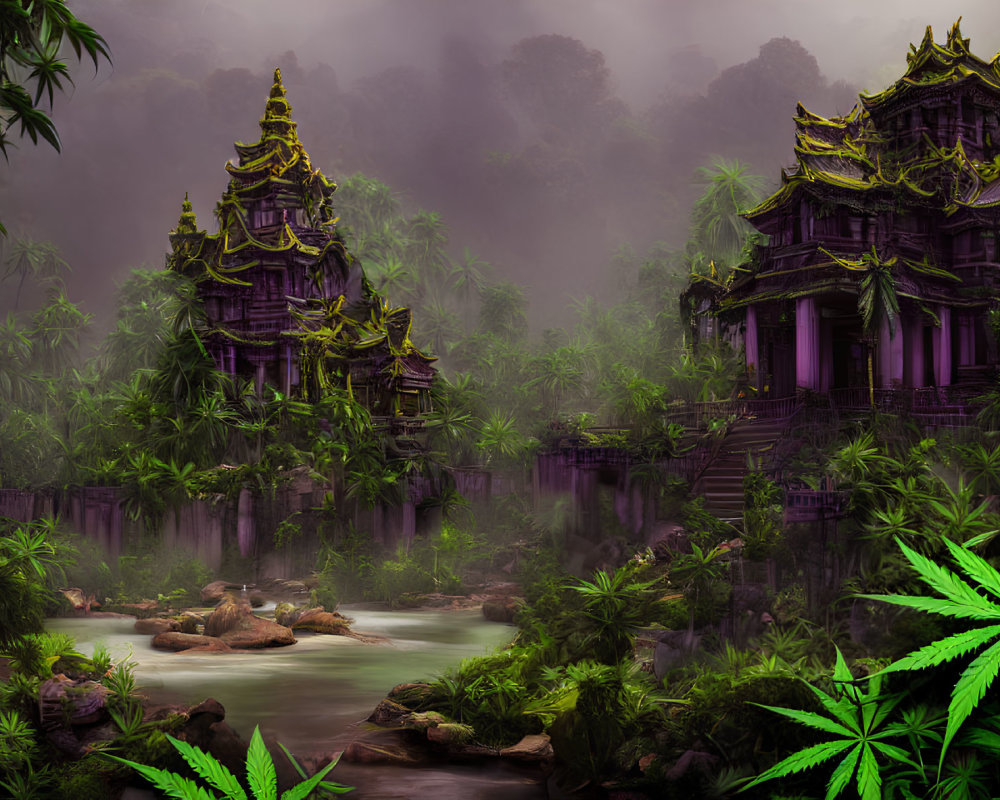 Ancient temples in lush jungle with fog and river