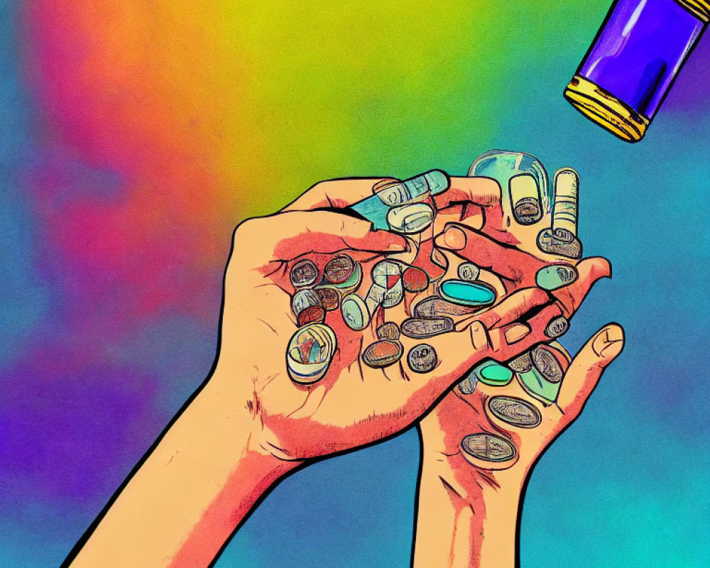 Colorful Capsules and Tablets Held by Hands with Pill Bottle Tipping; Gradient Background