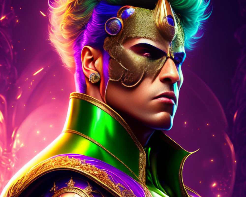 Vibrant green hair, golden mask, and ornate costume in digital art