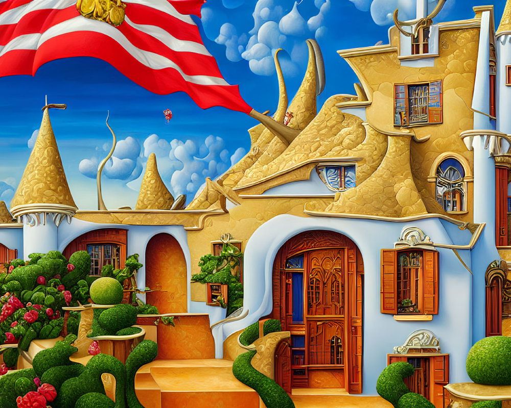 Illustration of fairy-tale castle with golden walls, turrets, American flag, greenery,