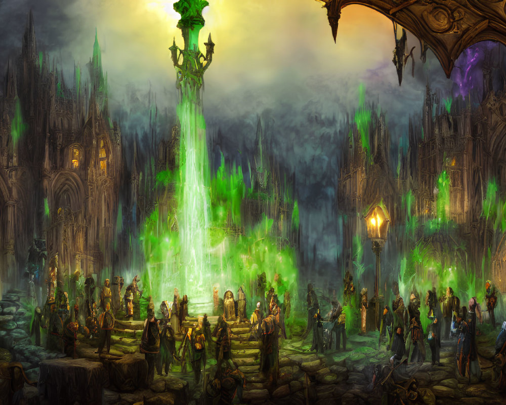 Mystical cloaked figures around glowing green fountain in gothic courtyard