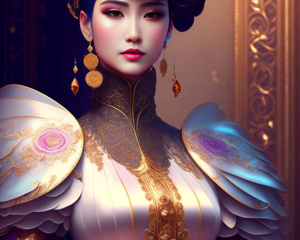 Detailed Illustration of Woman in Asian-Inspired Costume