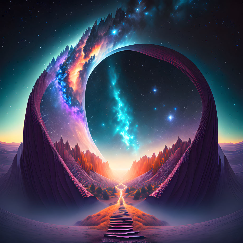 Digital Art: Circular Portal to Cosmic Mountains