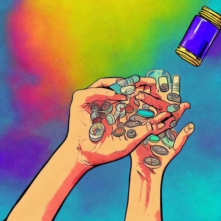 Colorful Capsules and Tablets Held by Hands with Pill Bottle Tipping; Gradient Background