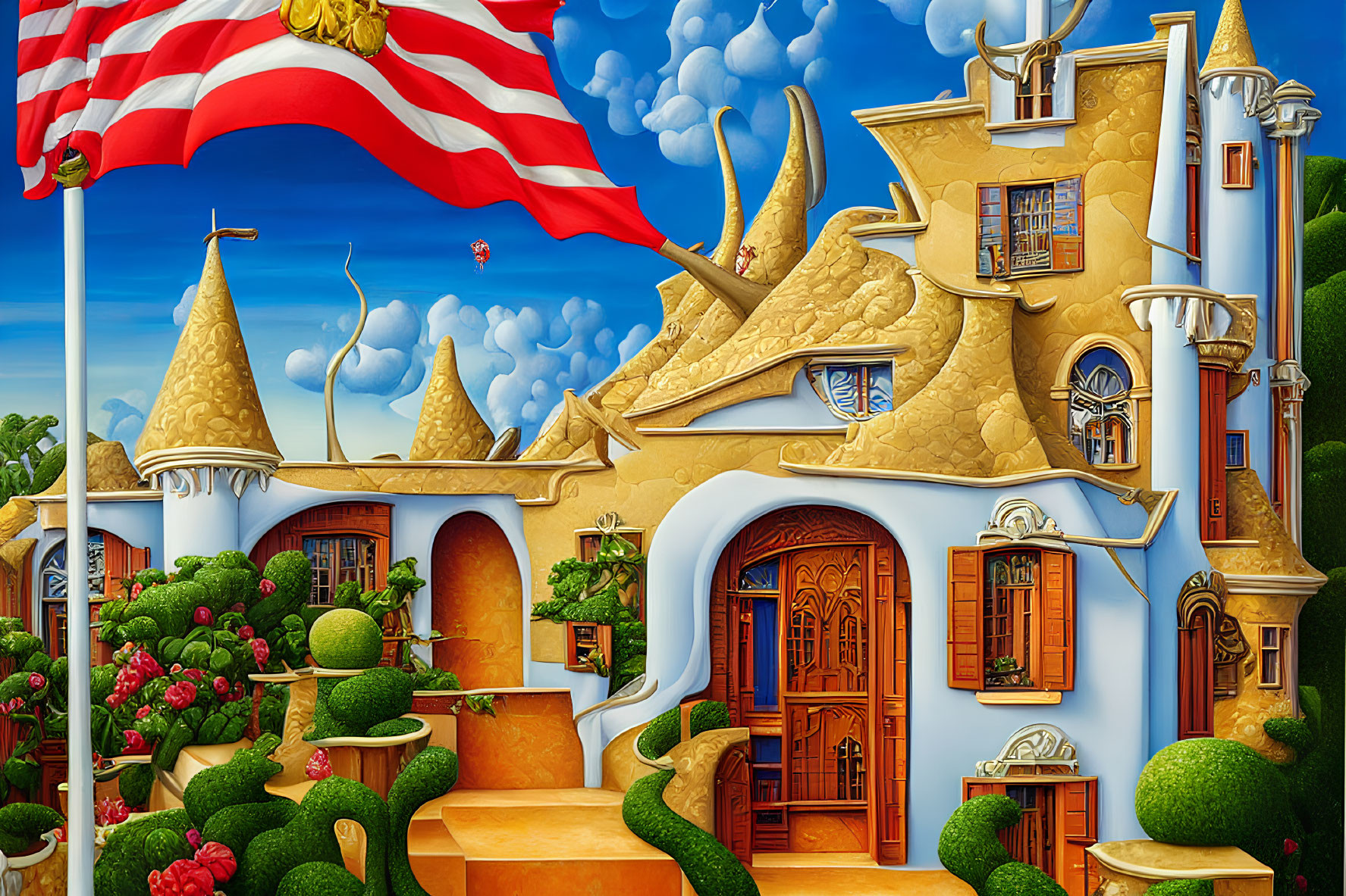 Illustration of fairy-tale castle with golden walls, turrets, American flag, greenery,