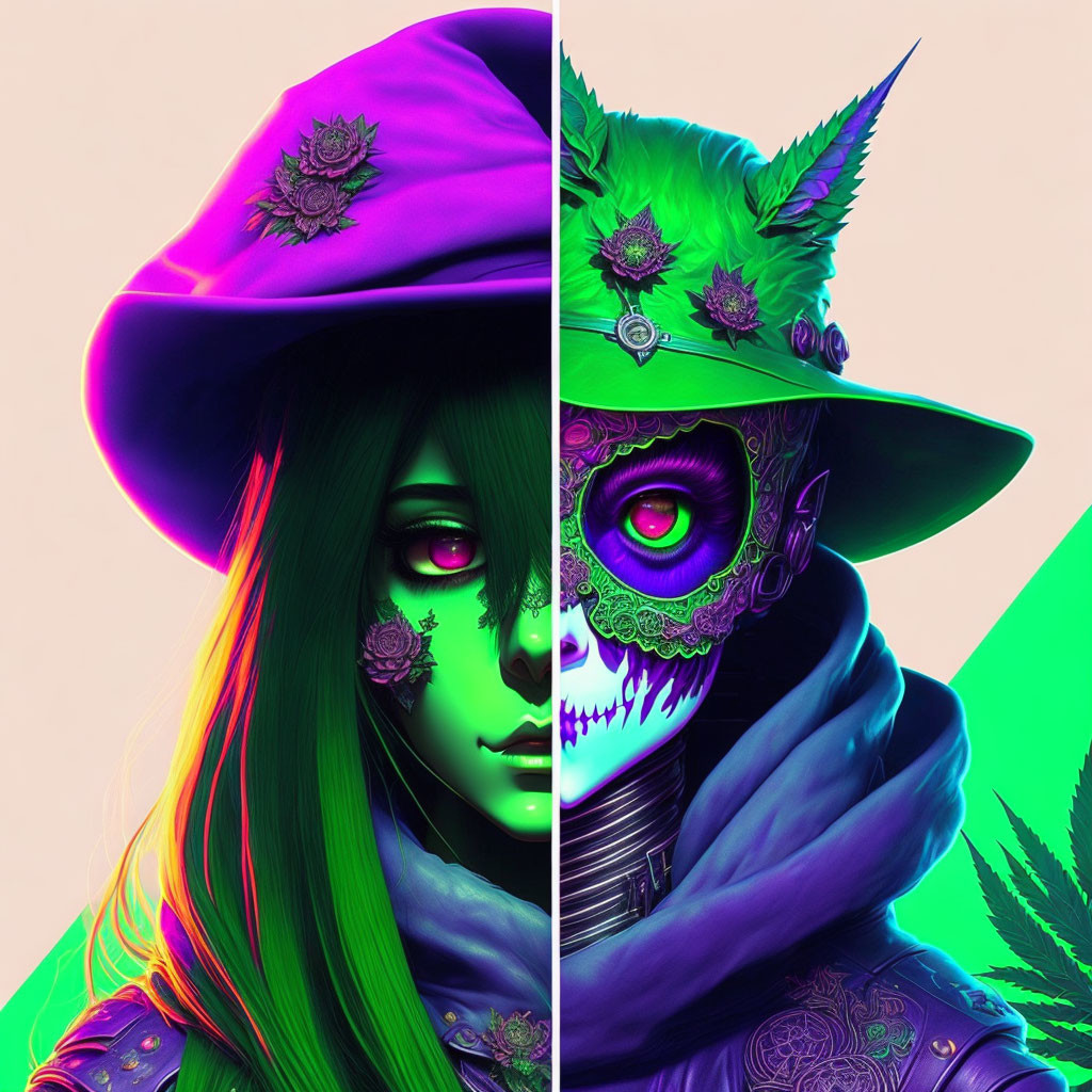 Stylized split image: green-faced character in purple hat and neon skeletal figure in green.