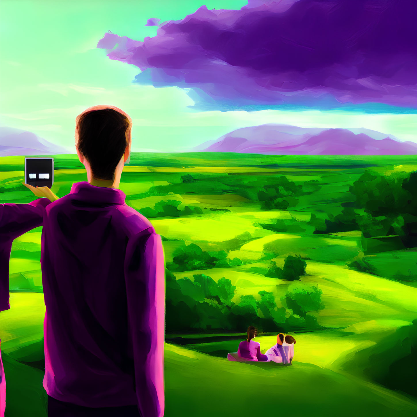 Purple-shirted person captures lush green landscape with distant mountains; two people relax on grass.