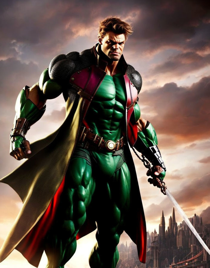 Muscular superhero in green and red costume with cape holding a sword against dramatic cityscape.