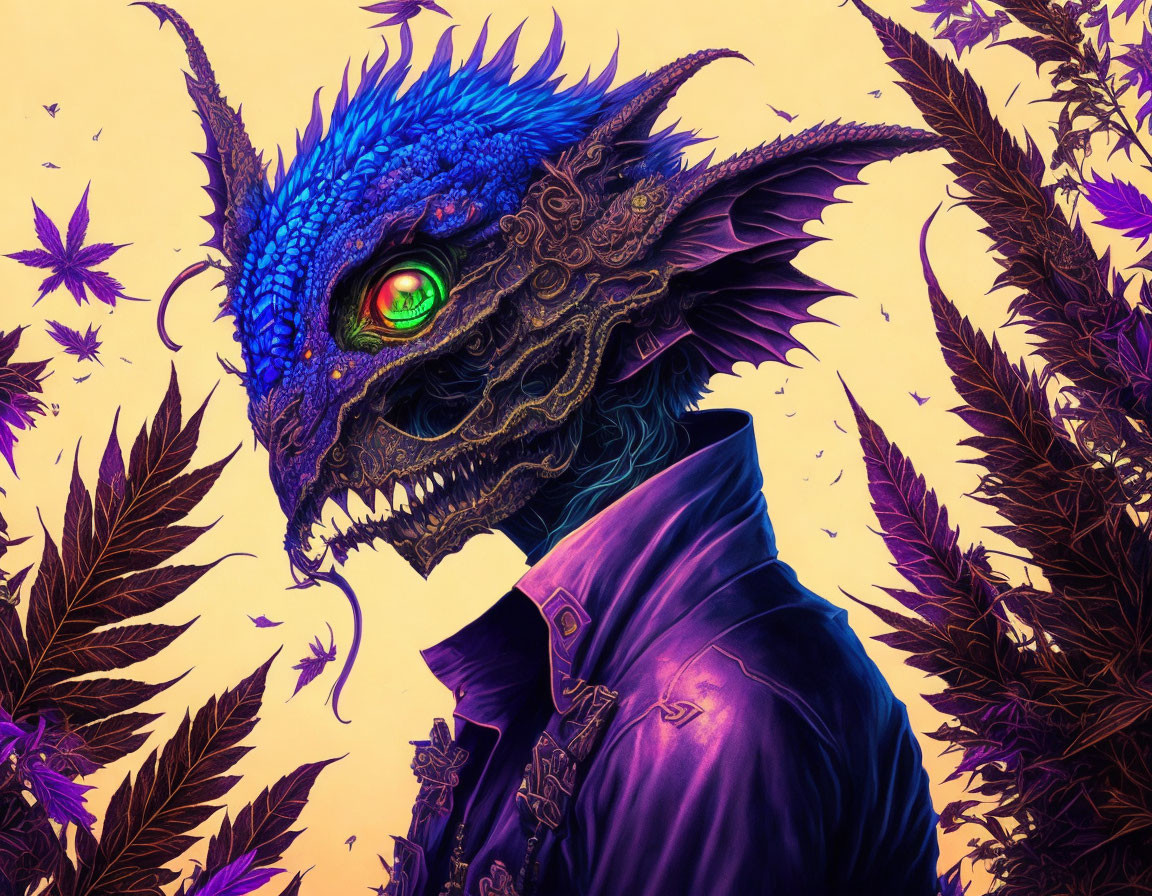 Blue Dragon in Purple Suit Among Purple Foliage