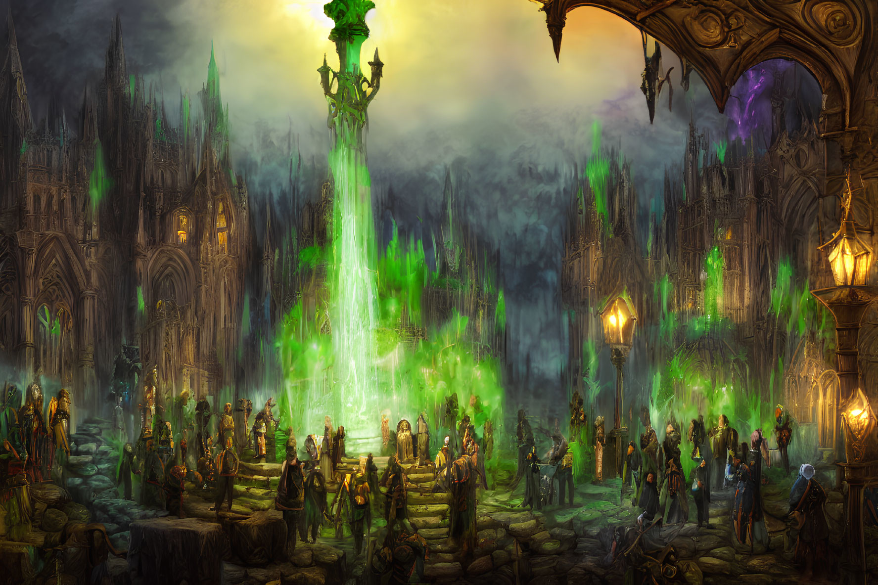 Mystical cloaked figures around glowing green fountain in gothic courtyard