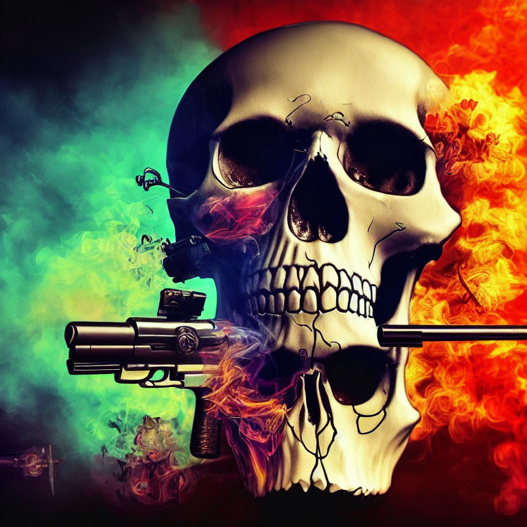 Colorful Human Skull with Crossed Guns and Ethereal Smoke and Flames