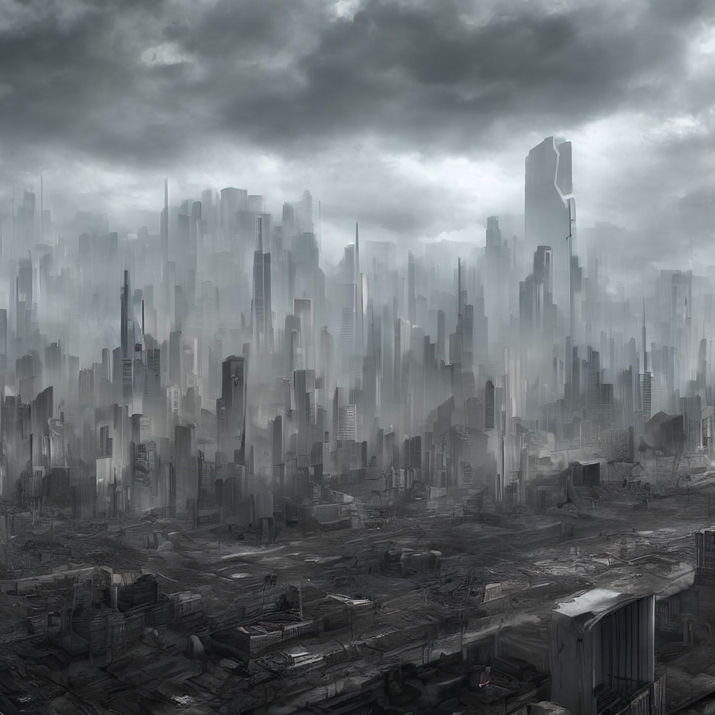 Grayscale futuristic cityscape with mist and skyscrapers