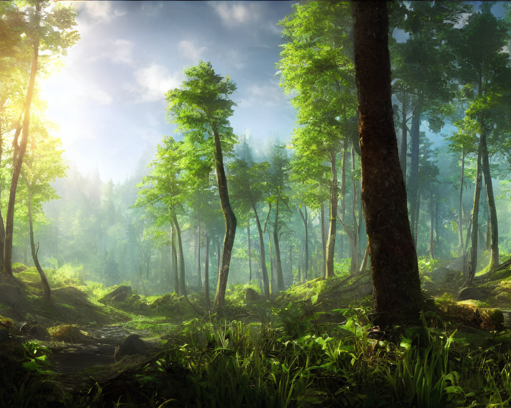 Lush Green Forest with Sunlight Filtering Through