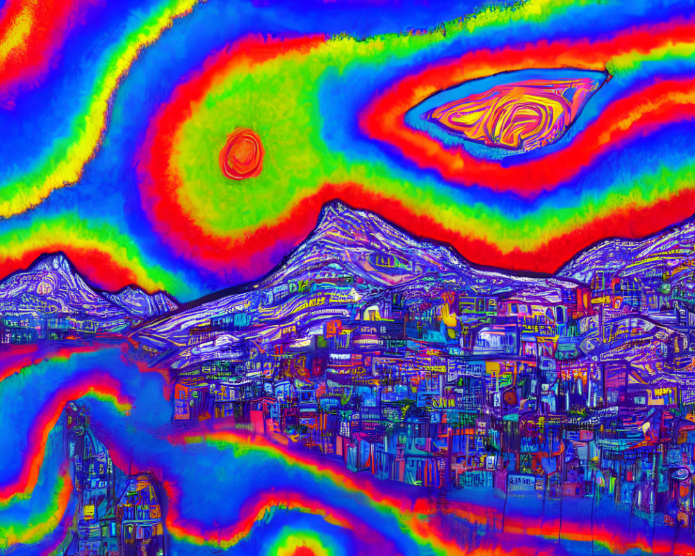 Colorful Psychedelic Digital Image of Stylized Mountains and Abstract Sky