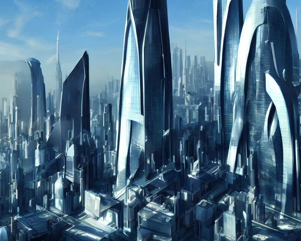 Futuristic cityscape with sleek skyscrapers in blue hue