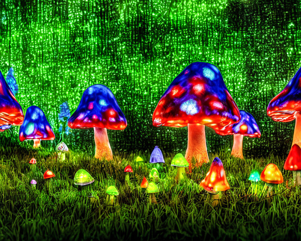 Colorful Luminous Mushrooms on Grass with Matrix-Like Digital Background