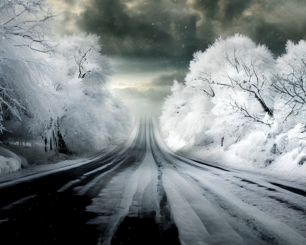 Snowy Road Through Frosted Trees on Cold Winter Night