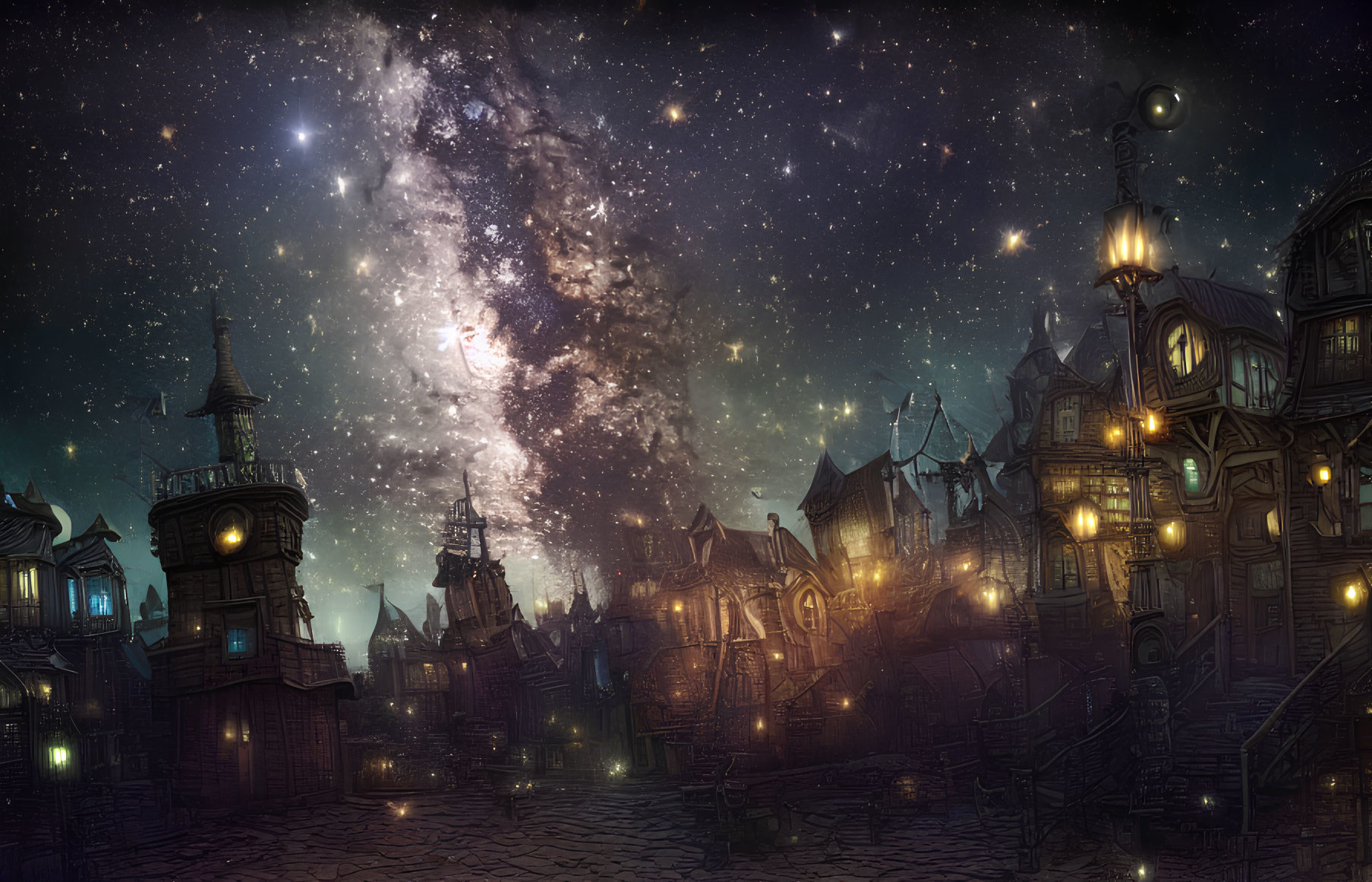 Whimsical village with Victorian-style houses under starry sky