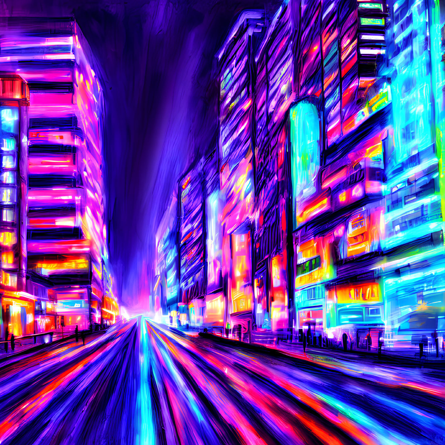 Neon-lit cityscape at night with glowing streaks of light