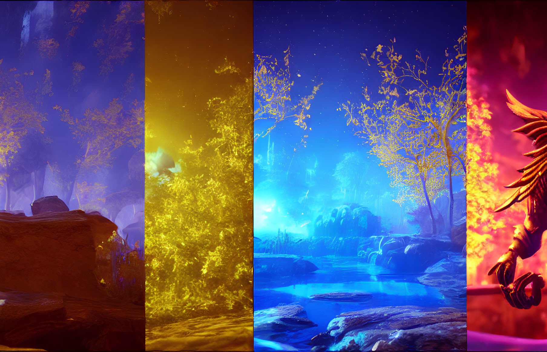 Mystical forest portrayed in four color-filtered panels