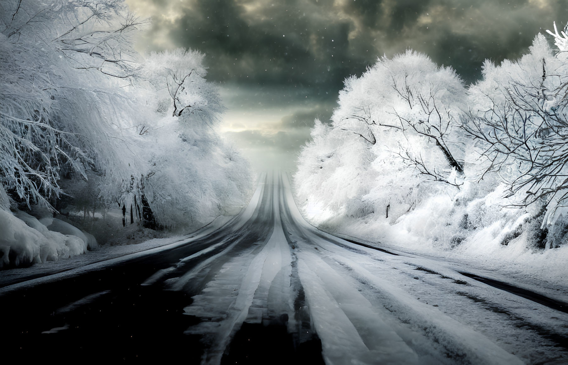 Snowy Road Through Frosted Trees on Cold Winter Night