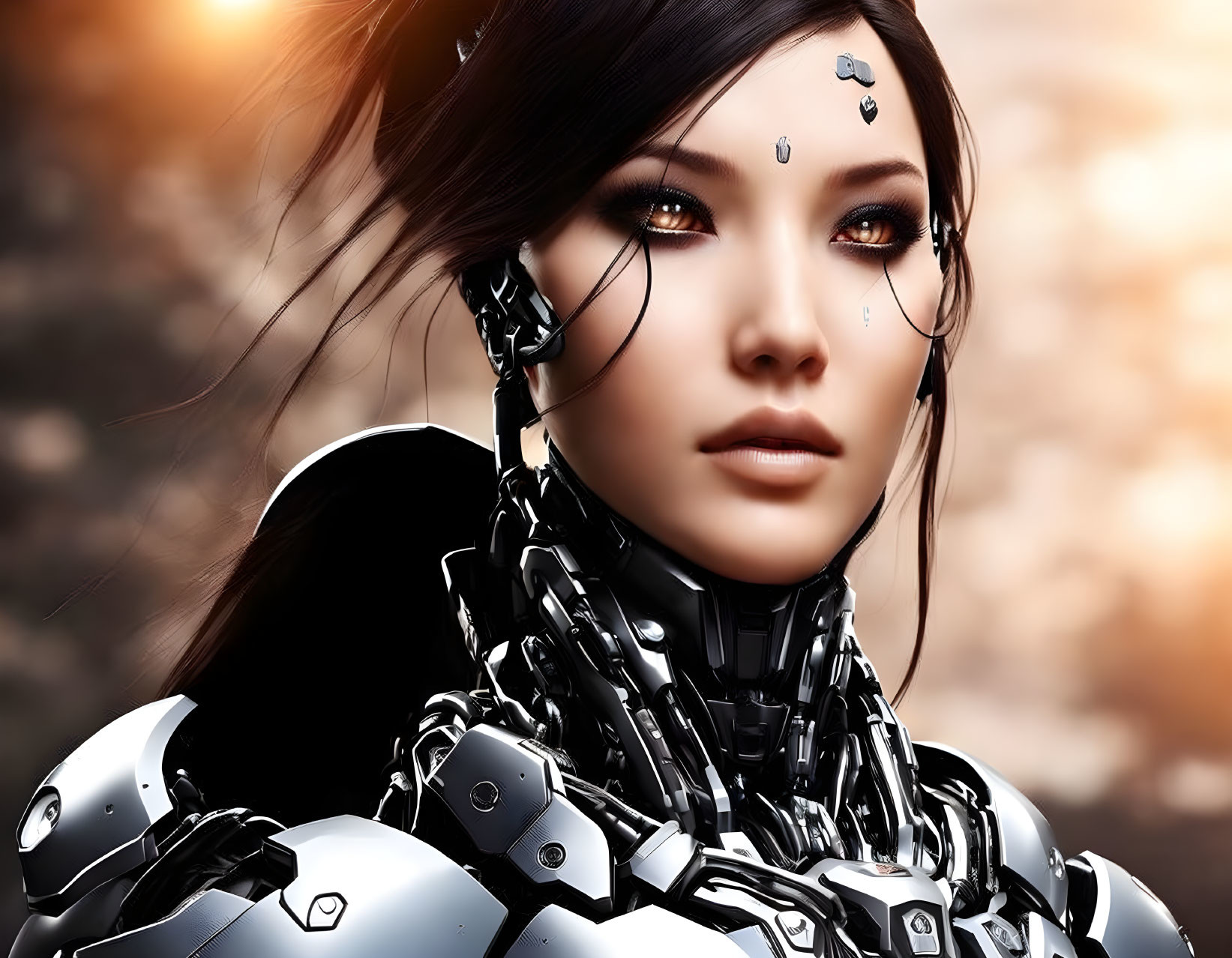 Detailed Female Cyborg with Mechanical Parts and Piercing Eyes